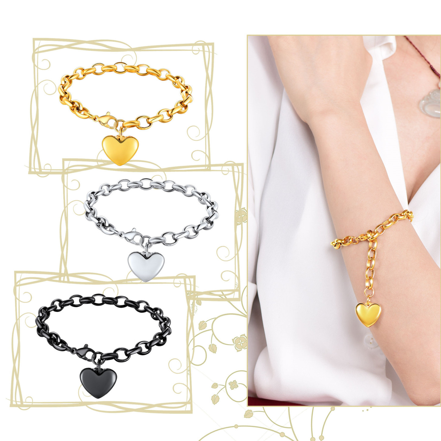 Bracelet Coeur à Chaîne Rolo Personnalisé