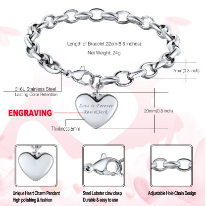 Bracelet Coeur à Chaîne Rolo Personnalisé Gourmette pour Femme size