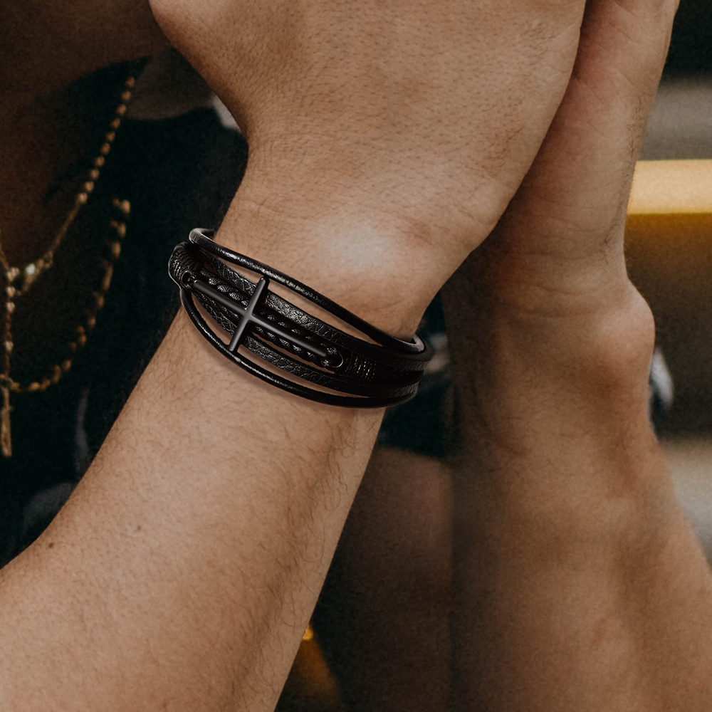 Bracelet Croix Chrétienne en Cuir Tressé - Cadeau pour Papa