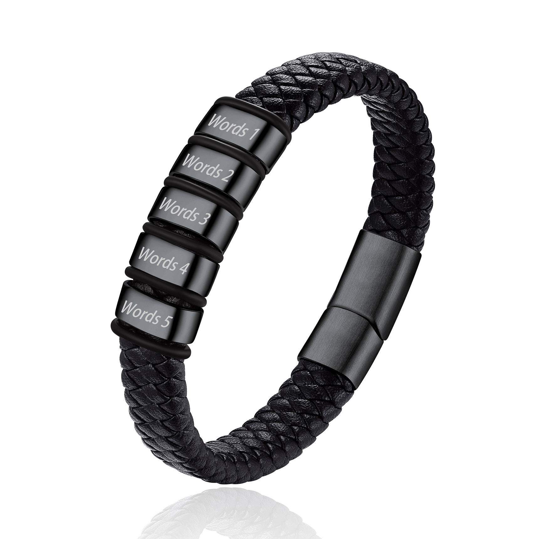 Bracelet Cuir Tressé Personnalisé avec 5 Perles Gravées Noir