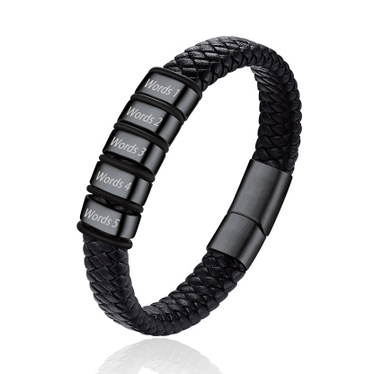 Bracelet Cuir Tressé Personnalisé avec 5 Perles Gravées Noir