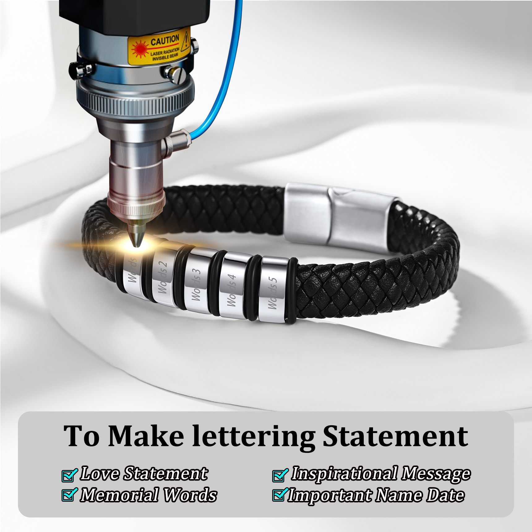 Bracelet Cuir Tressé Personnalisé avec Perles Gravées Detail