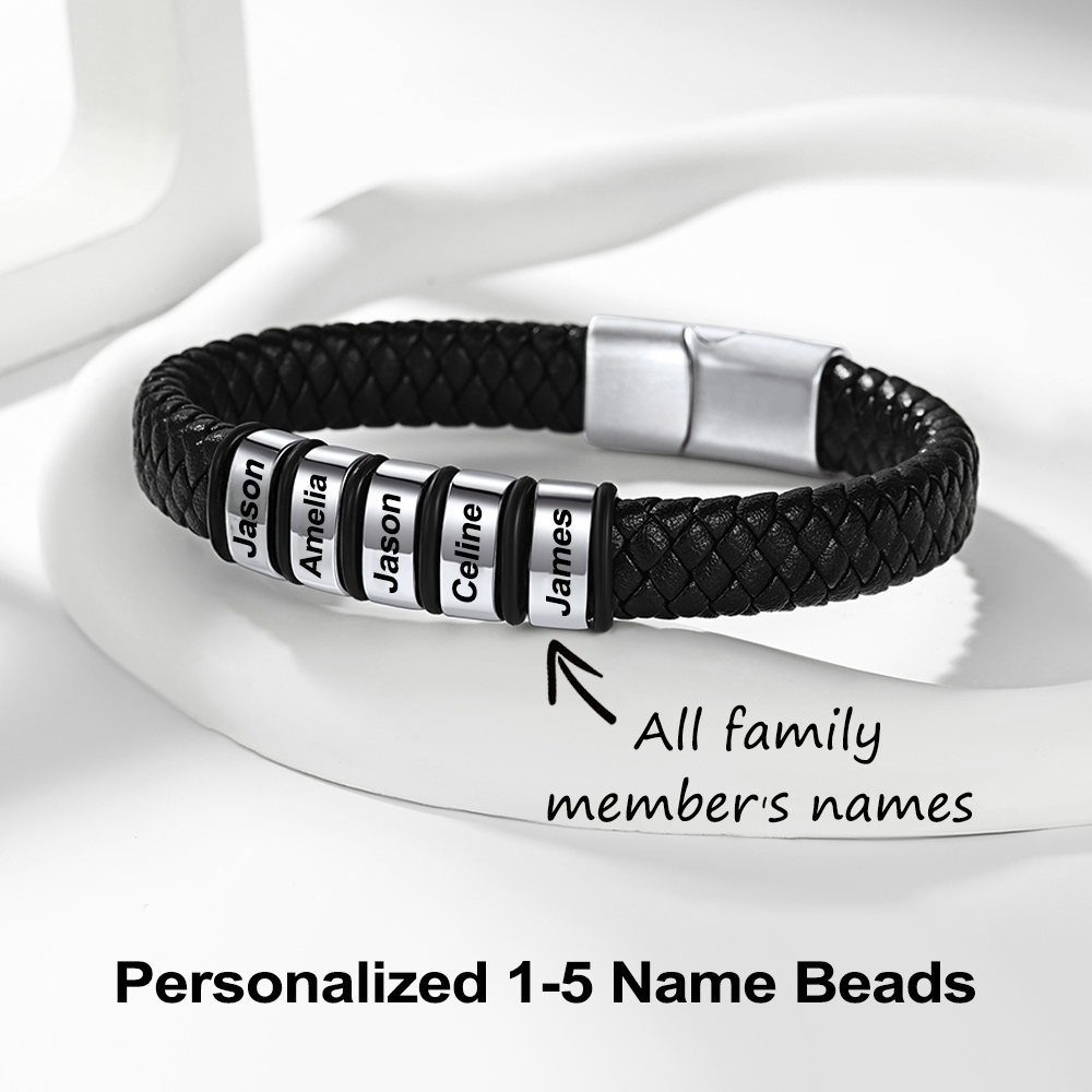 Bracelet Cuir Tressé Personnalisé avec 1-5 Perles Gravées