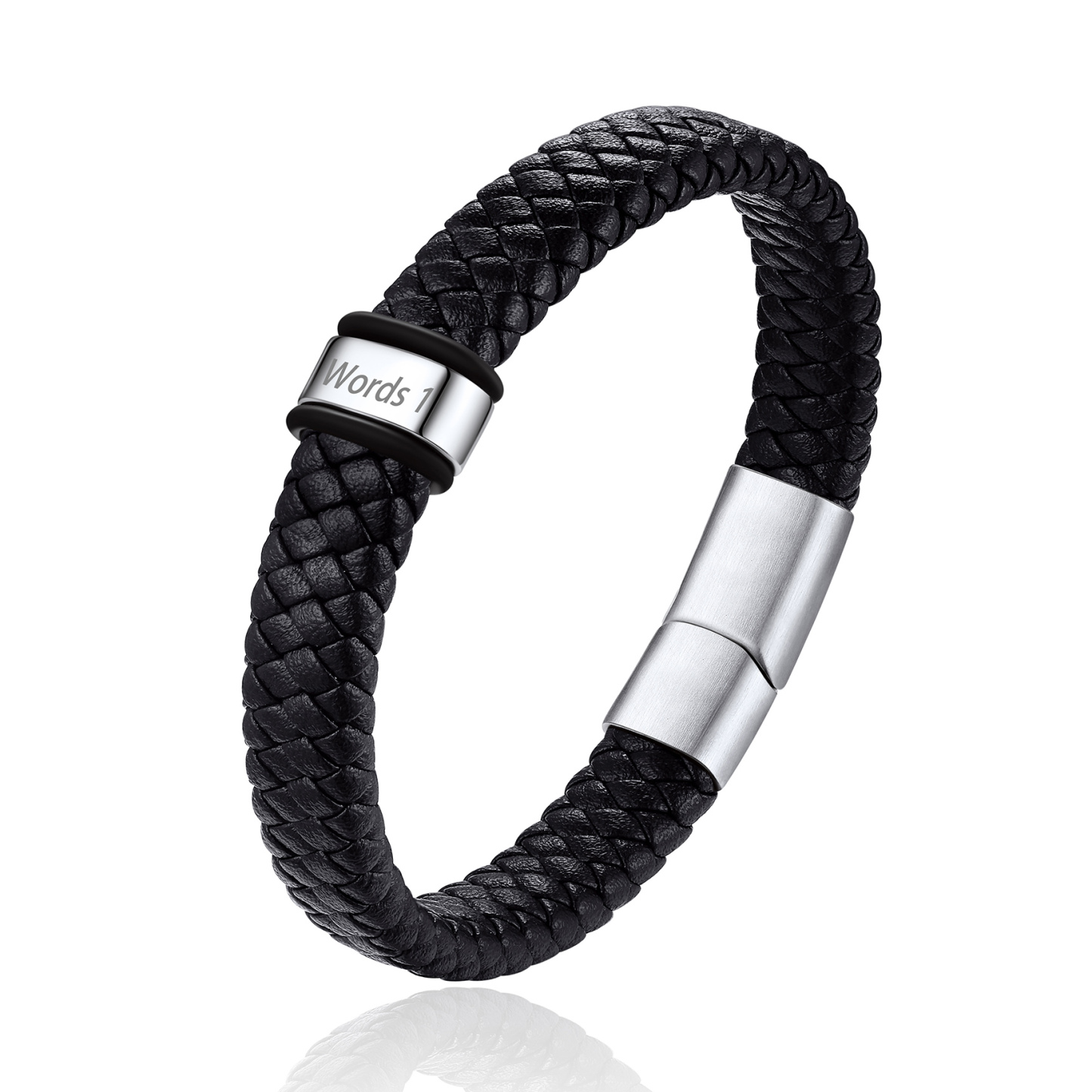 Bracelet Cuir Tressé Personnalisé avec 1 Perle Gravées Argenté