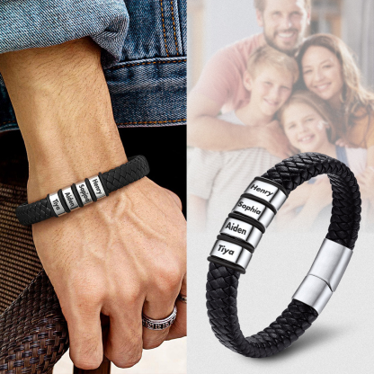 Bracelet Cuir Tressé Personnalisé avec 4 Perles Gravées