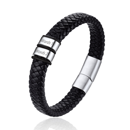 Bracelet Cuir Tressé Personnalisé avec 2 Perles Gravées Argenté