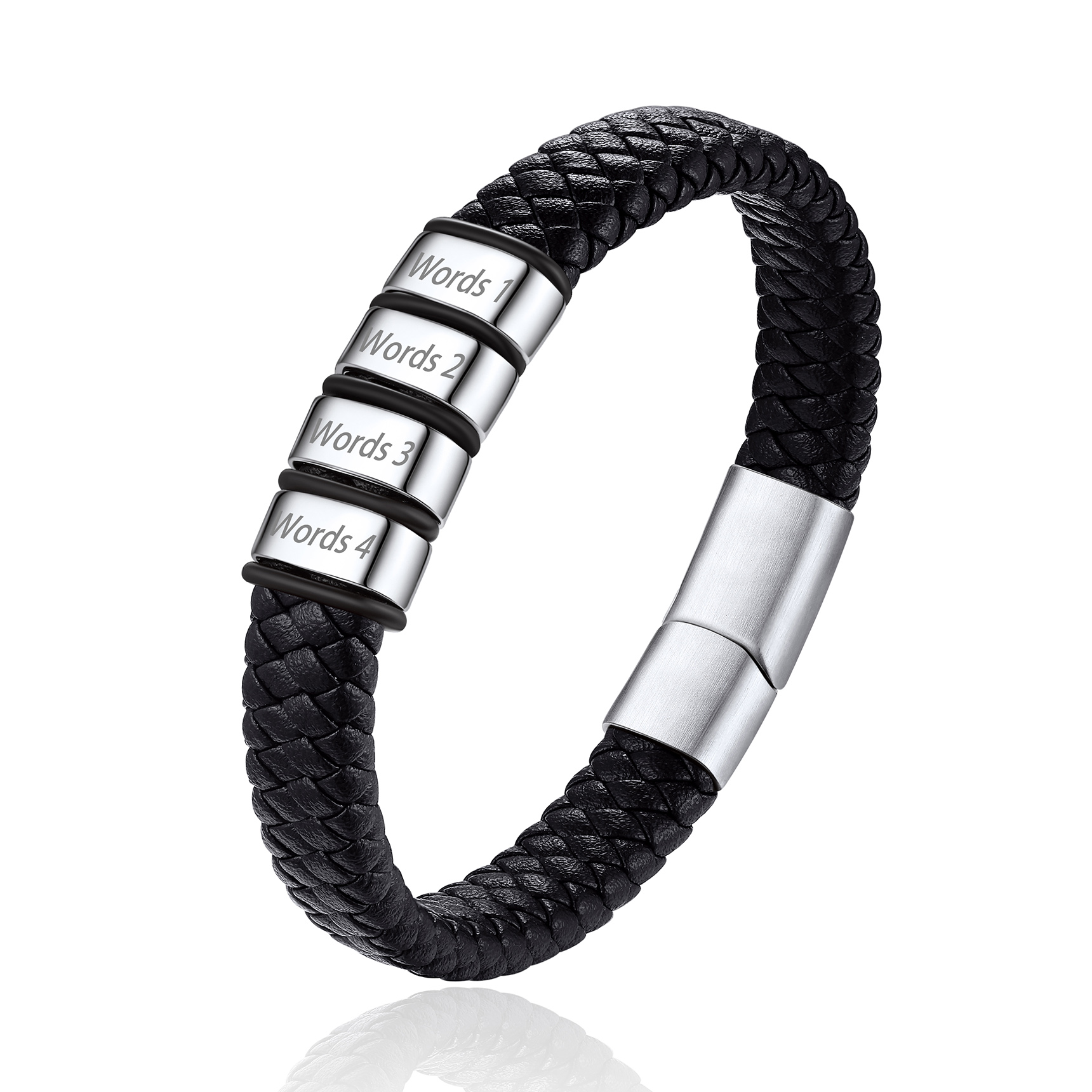 Bracelet Cuir Tressé Personnalisé avec 4 Perles Gravées Argenté