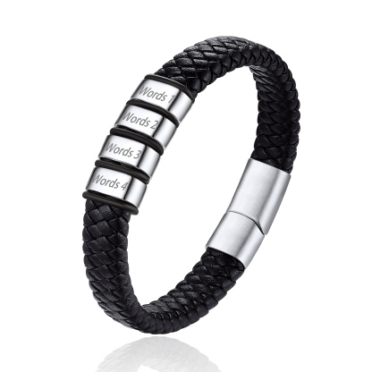 Bracelet Cuir Tressé Personnalisé avec 4 Perles Gravées Argenté