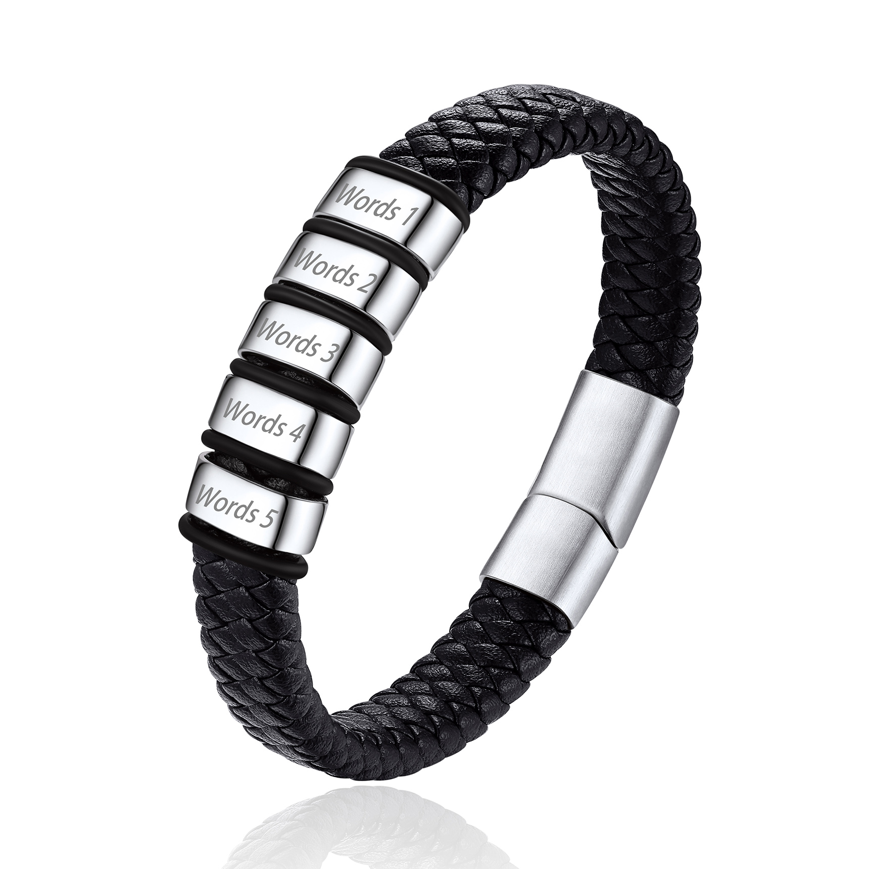 Bracelet Cuir Tressé Personnalisé avec 5 Perles Gravées Argenté