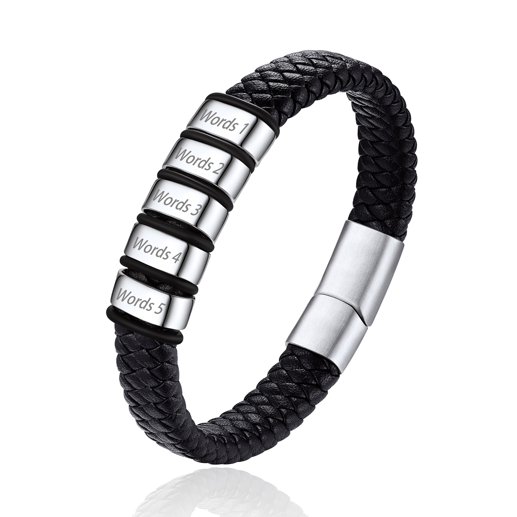 Bracelet Cuir Tressé Personnalisé avec 5 Perles Gravées Argenté