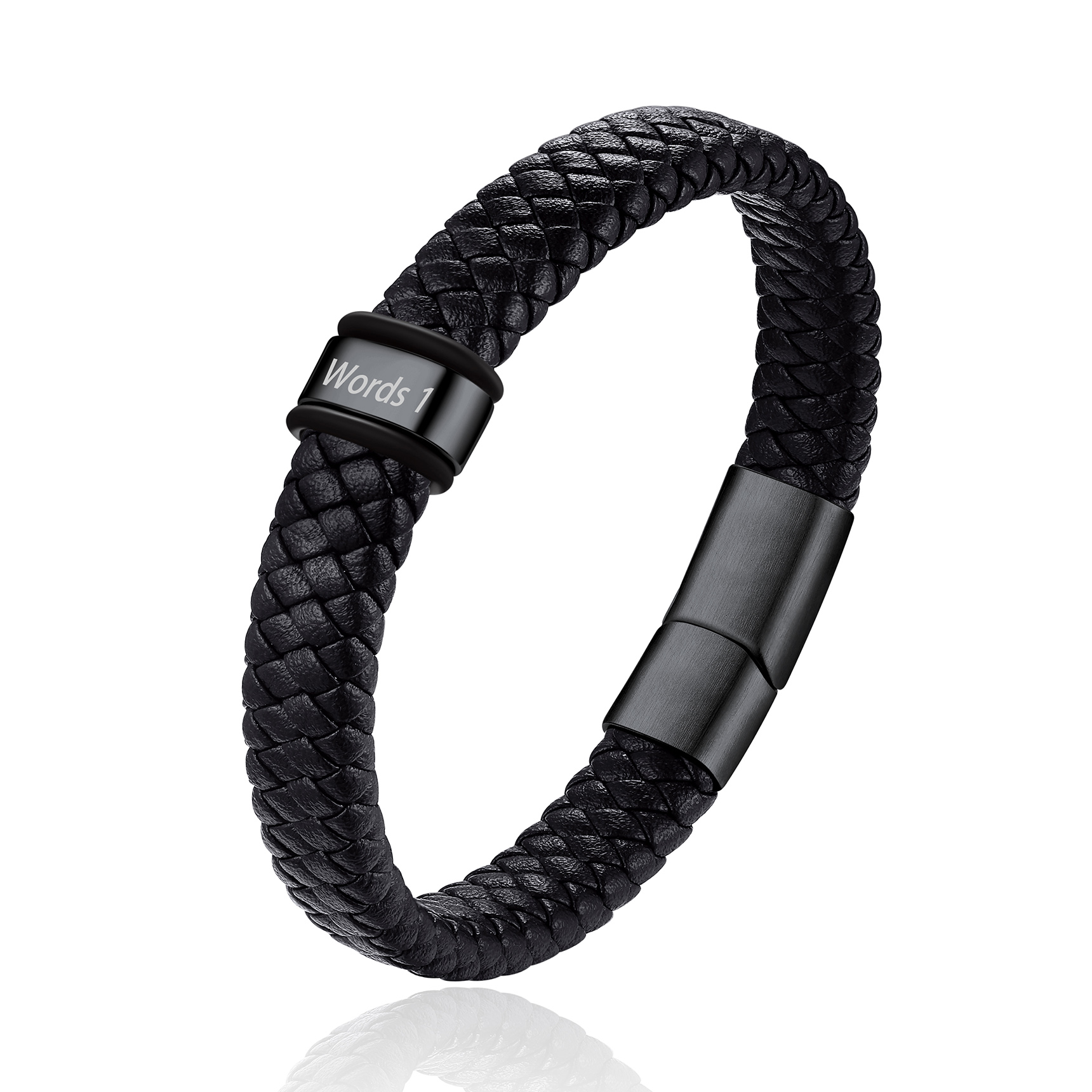 Bracelet Cuir Tressé Personnalisé avec 1 Perle Gravées Noir