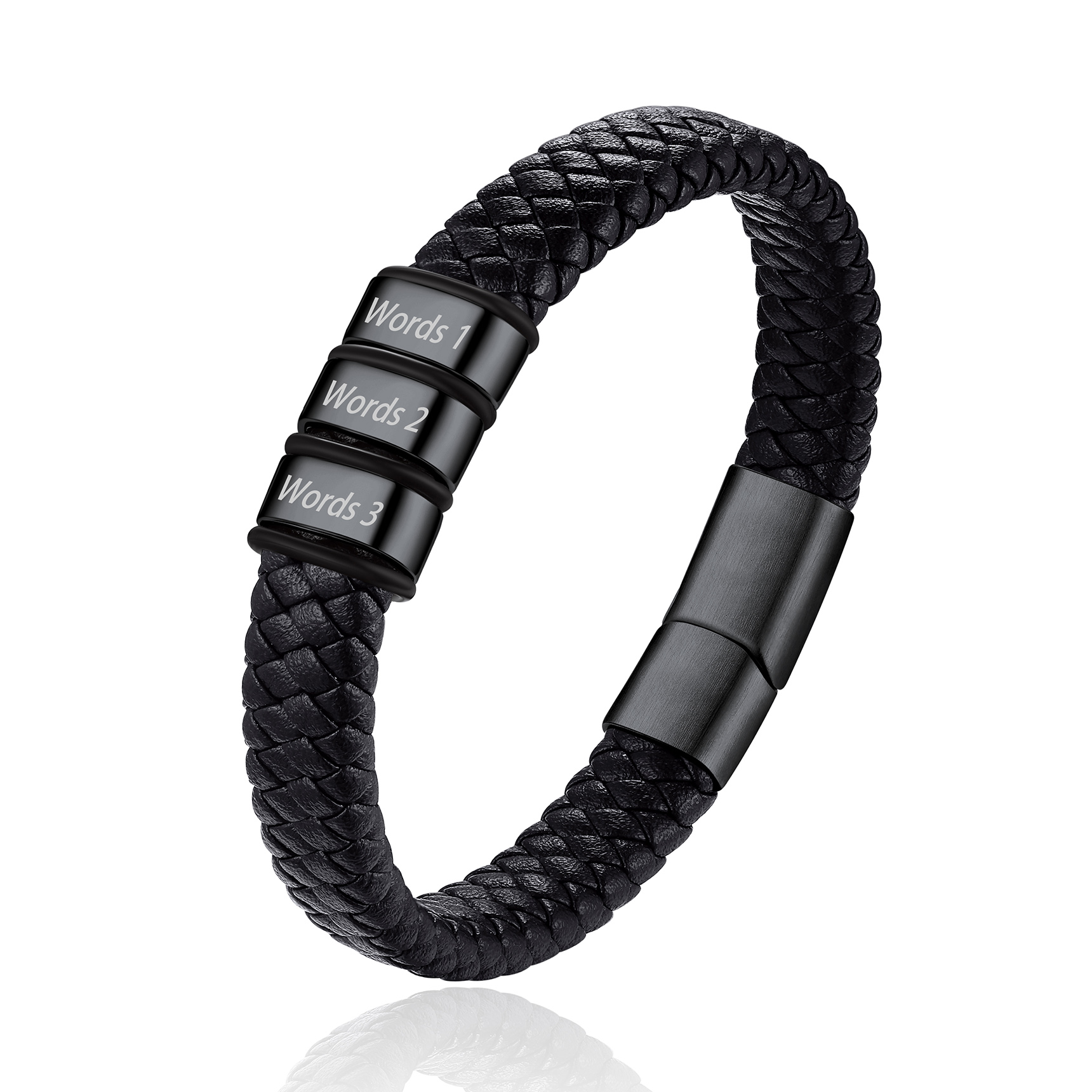 Bracelet Cuir Tressé Personnalisé avec 3 Perles Gravées Noir