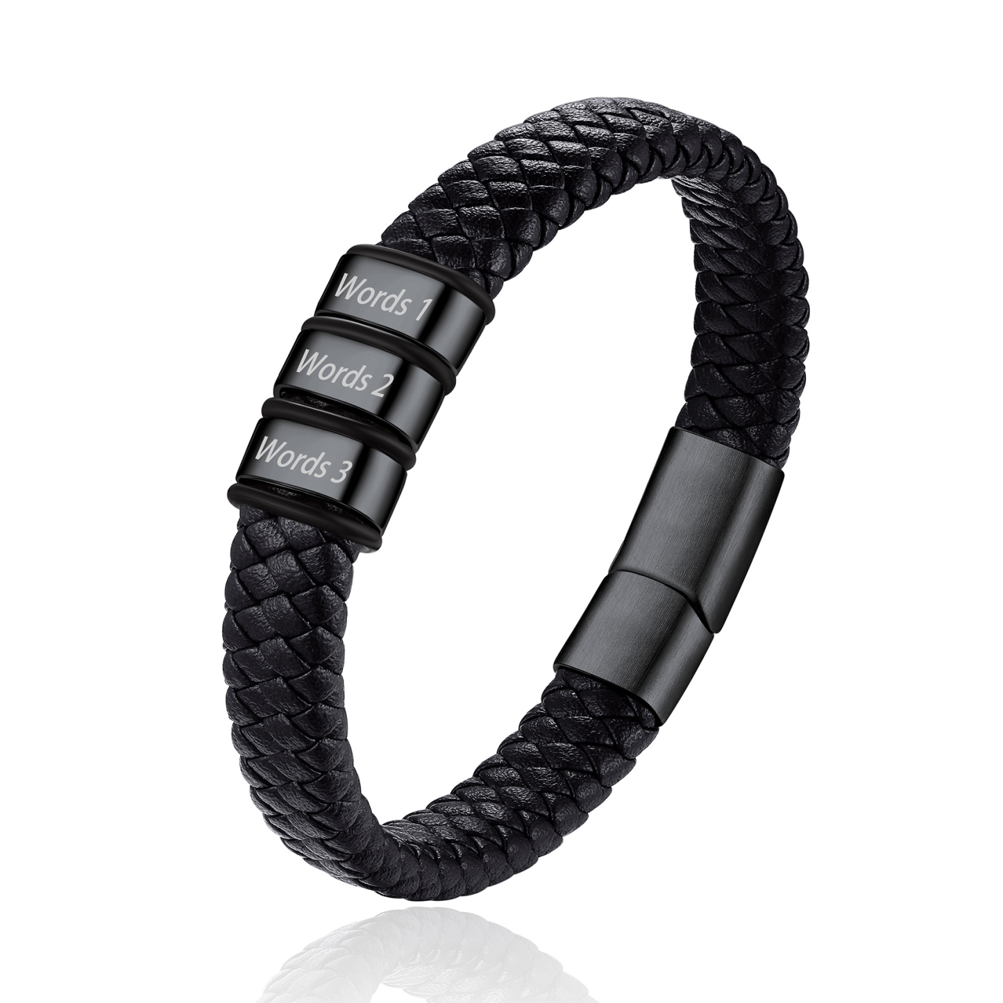 Bracelet Cuir Tressé Personnalisé avec 3 Perles Gravées Noir