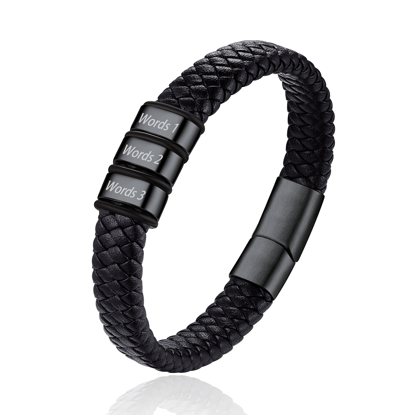 Bracelet Cuir Tressé Personnalisé avec 3 Perles Gravées Noir