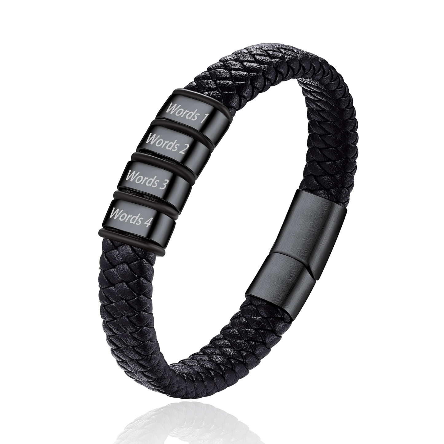 Bracelet Cuir Tressé Personnalisé avec 4 Perles Gravées Noir