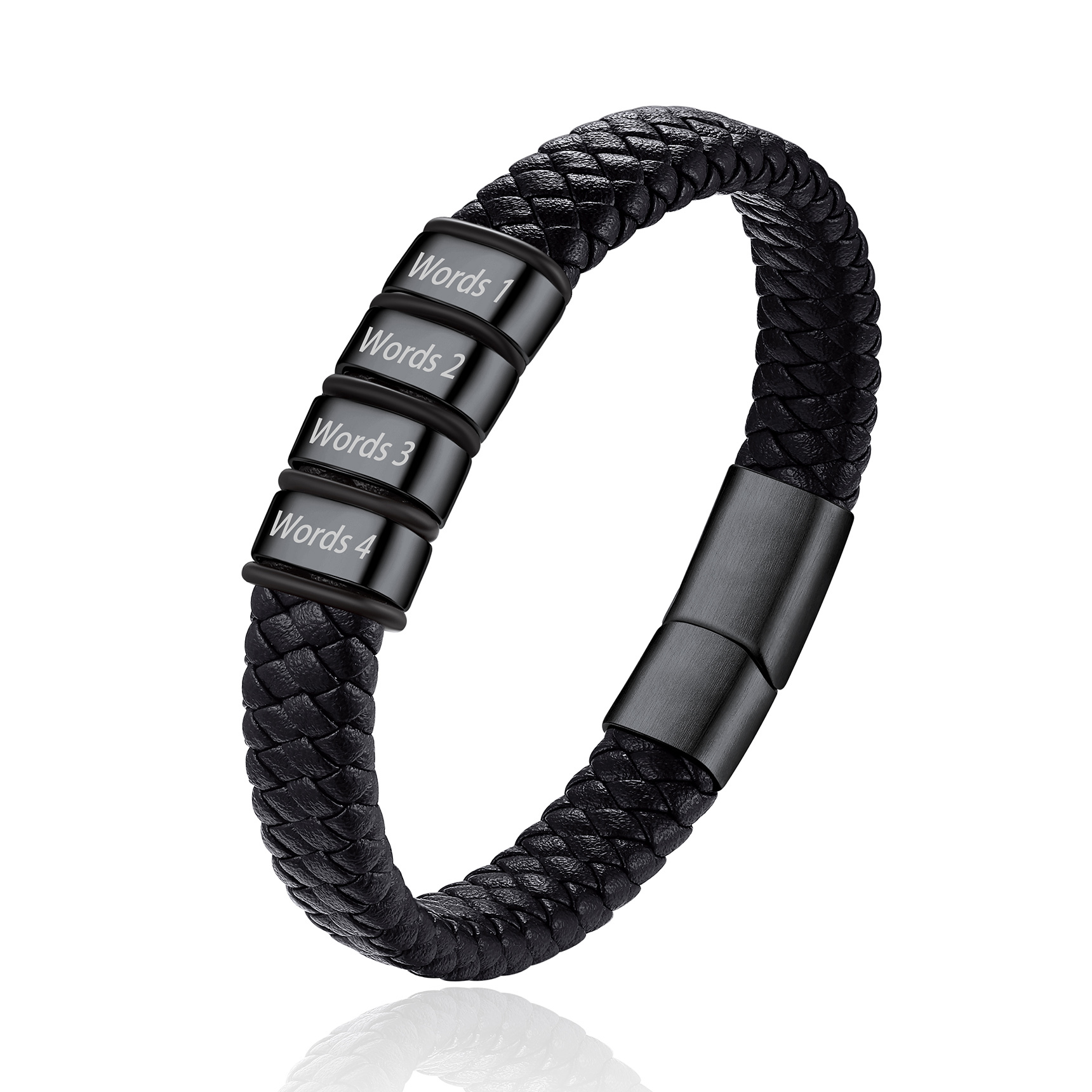 Bracelet Cuir Tressé Personnalisé avec 4 Perles Gravées Noir