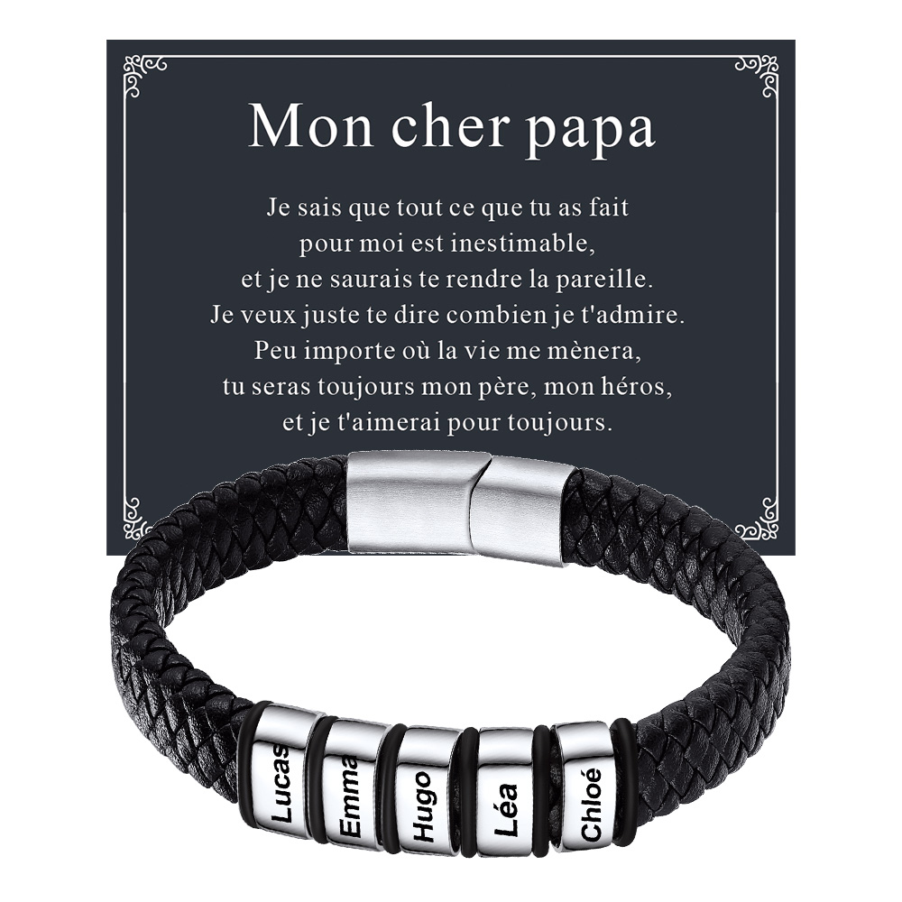 Bracelet Cuir Tressé Personnalisé avec Perles Gravées