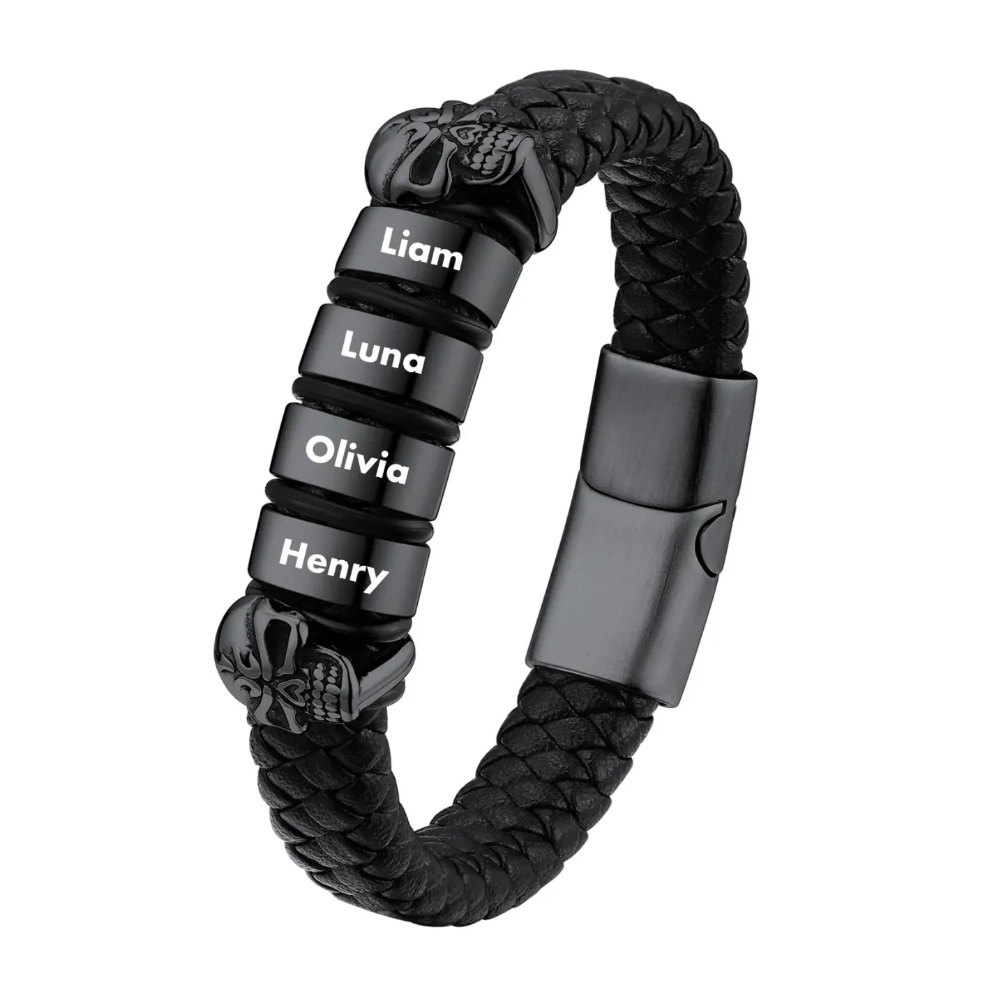 Bracelet Homme Crâne en Cuir Personnalisé avec Noms Gravés