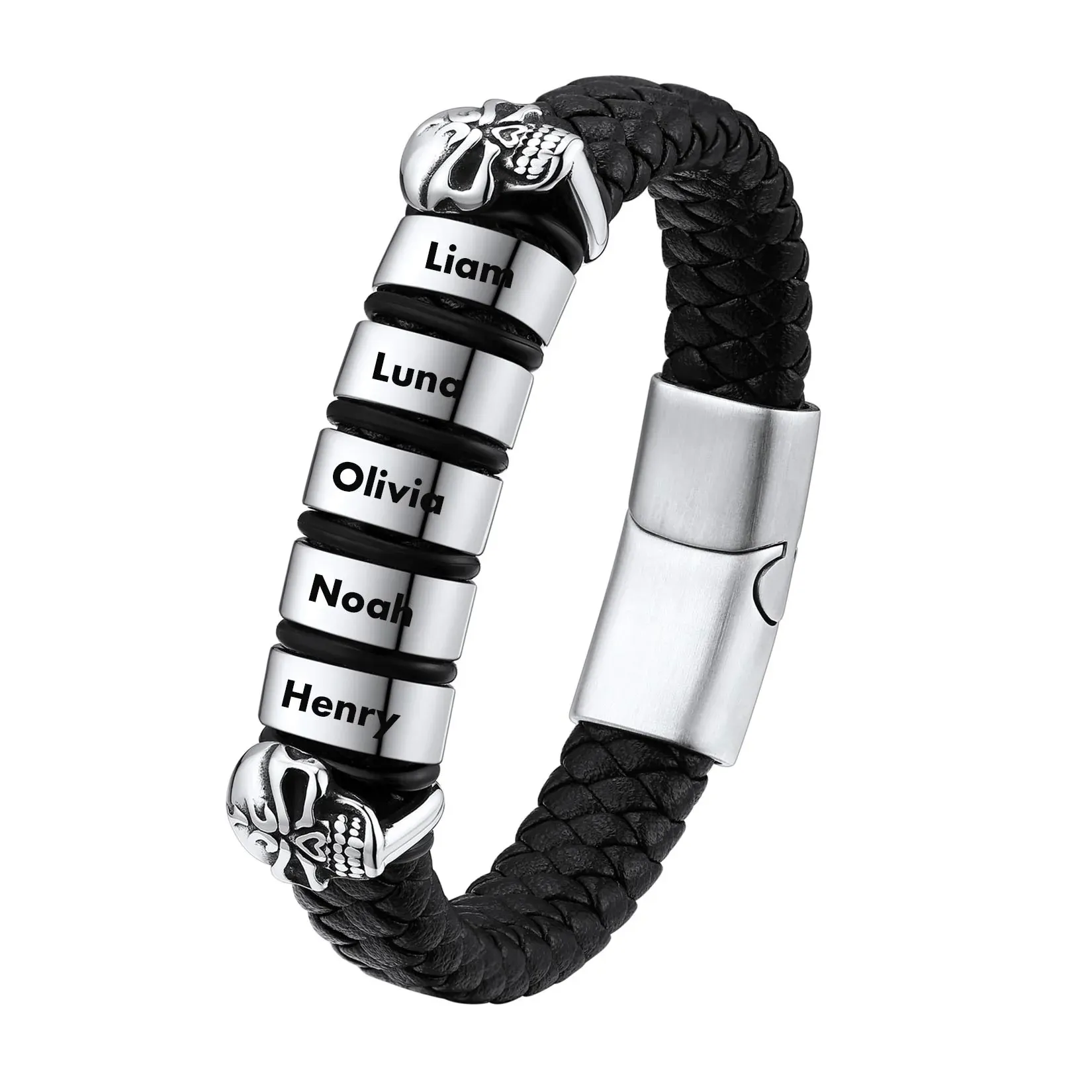 Bracelet Homme Crâne en Cuir Personnalisé avec Noms Gravés
