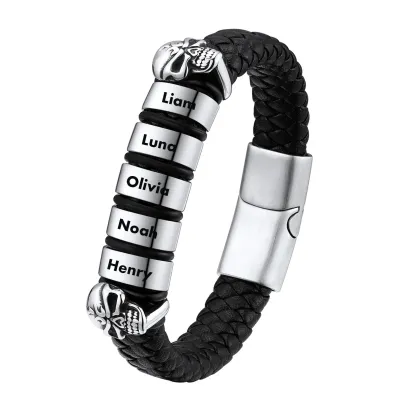 Bracelet Homme Crâne en Cuir Personnalisé avec Noms Gravés