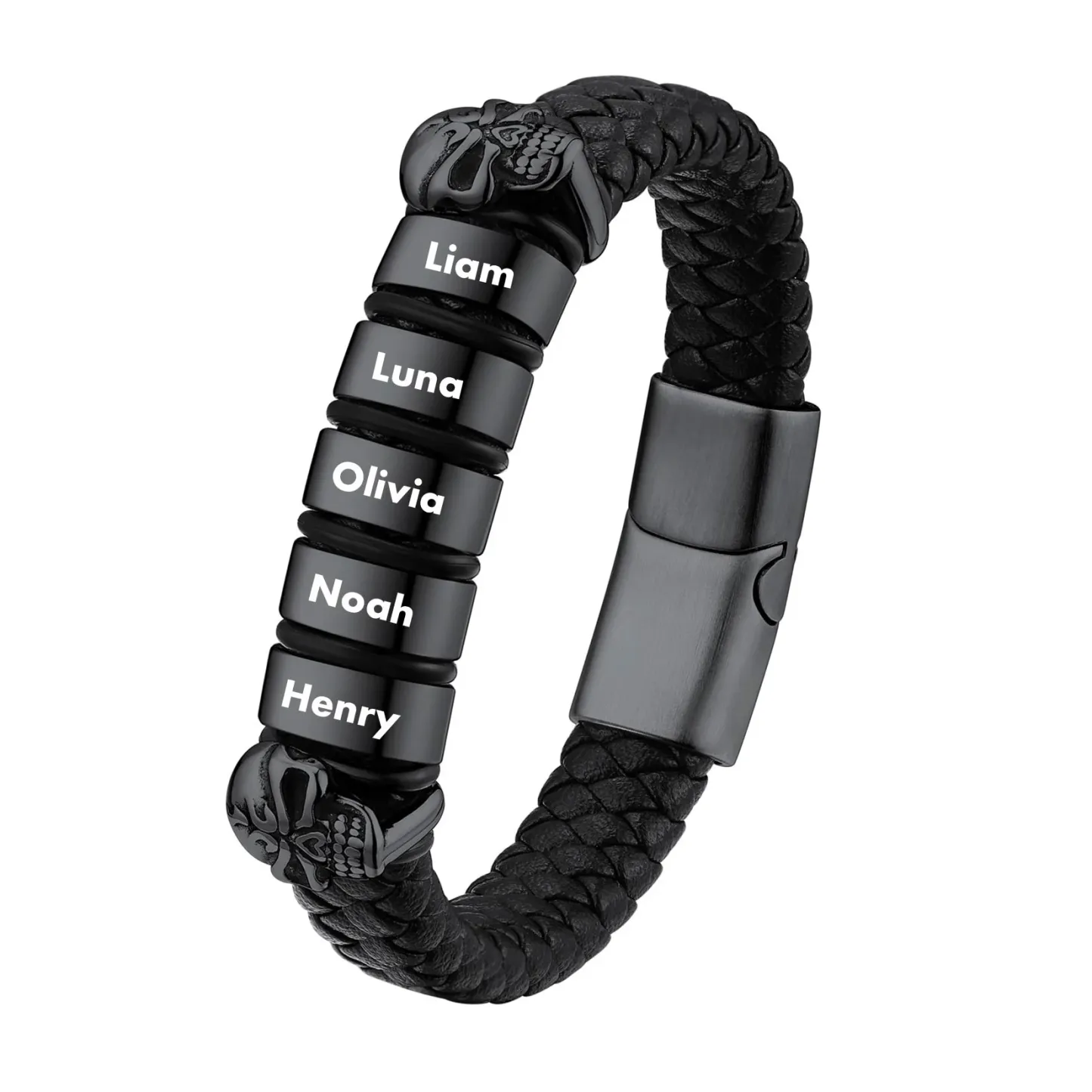 Bracelet Homme Crâne en Cuir Personnalisé avec Noms Gravés