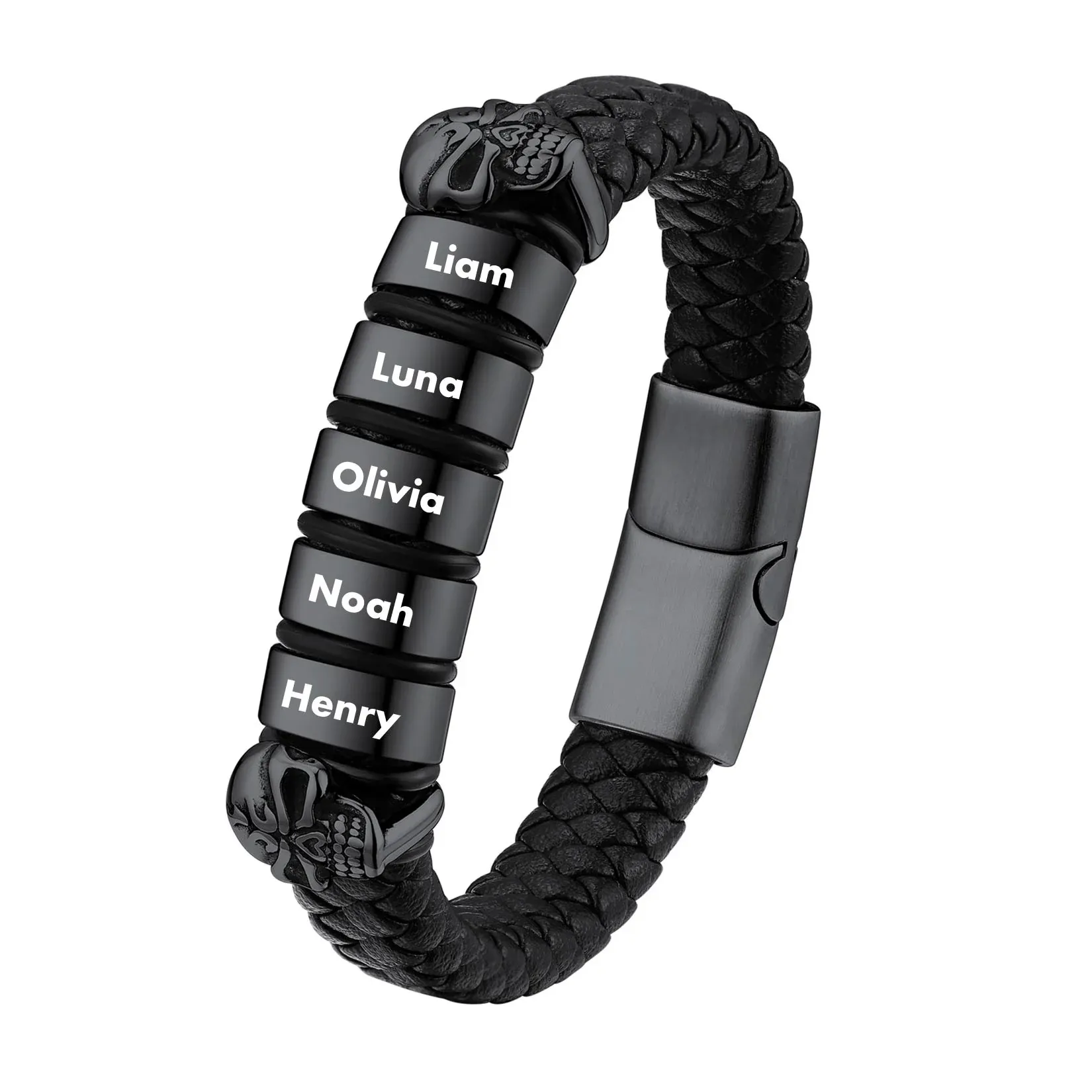 Bracelet Homme Crâne en Cuir Personnalisé avec Noms Gravés
