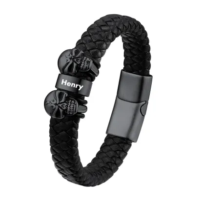 Bracelet Homme Crâne en Cuir Personnalisé avec Noms Gravés