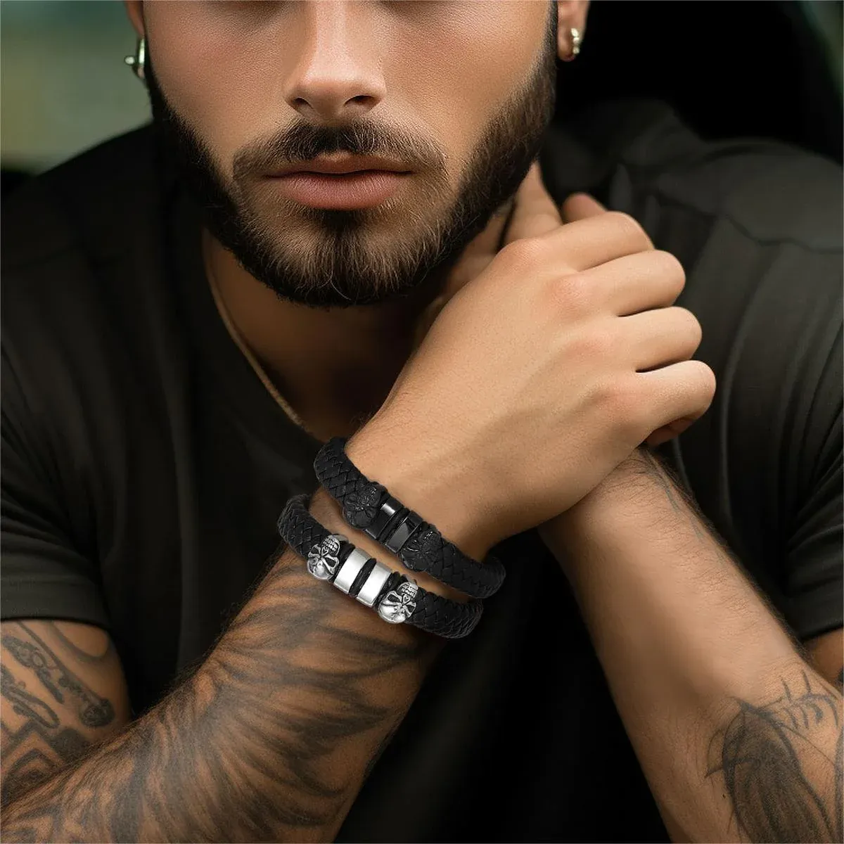 Bracelet Homme Crâne en Cuir