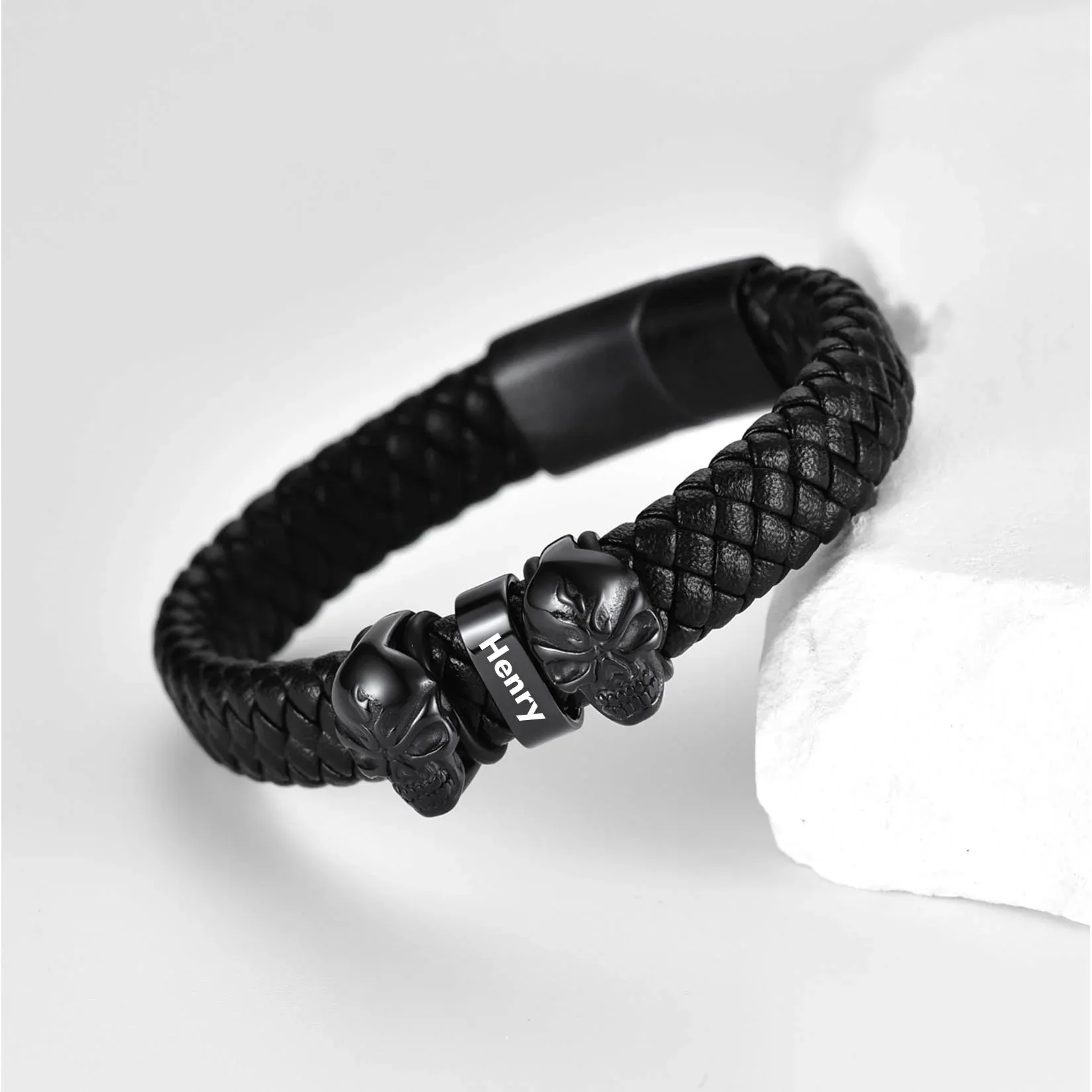 Bracelet Homme Crâne en Cuir noir