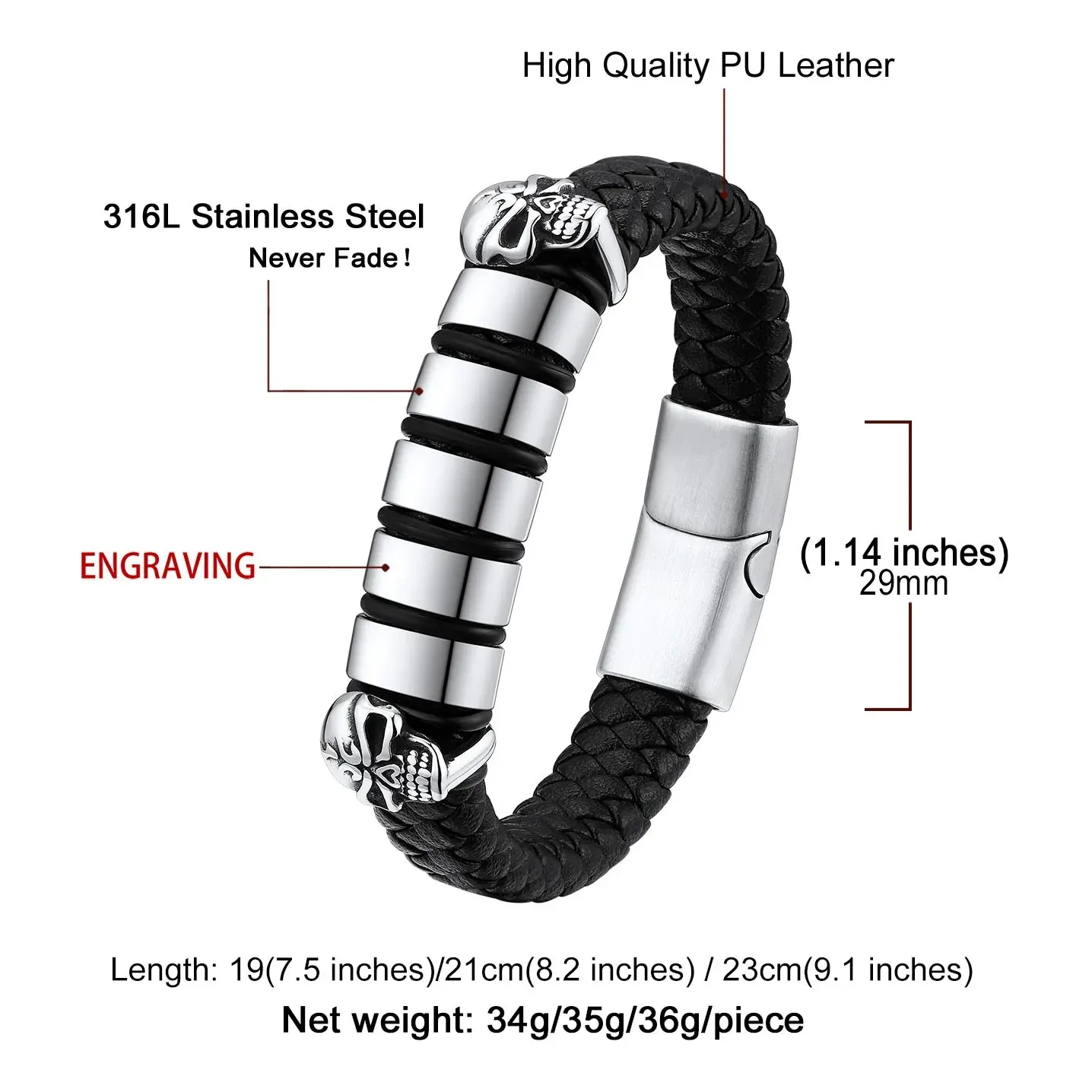 Bracelet Homme Crâne en Cuir Personnalisé  taille
