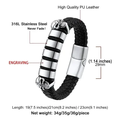 Bracelet Homme Crâne en Cuir Personnalisé  taille