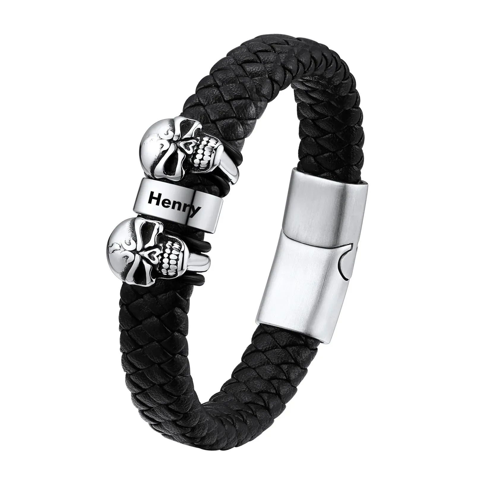 Bracelet Homme Crâne en Cuir Personnalisé avec Noms Gravés