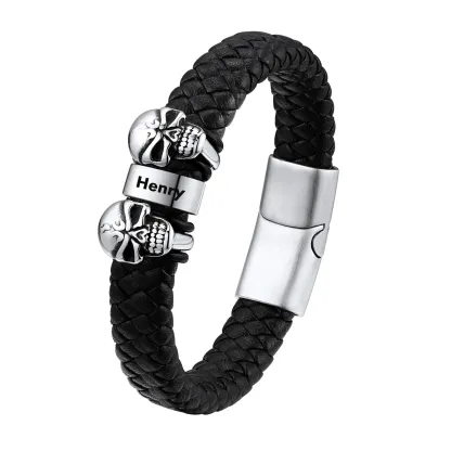 Bracelet Homme Crâne en Cuir Personnalisé avec Noms Gravés