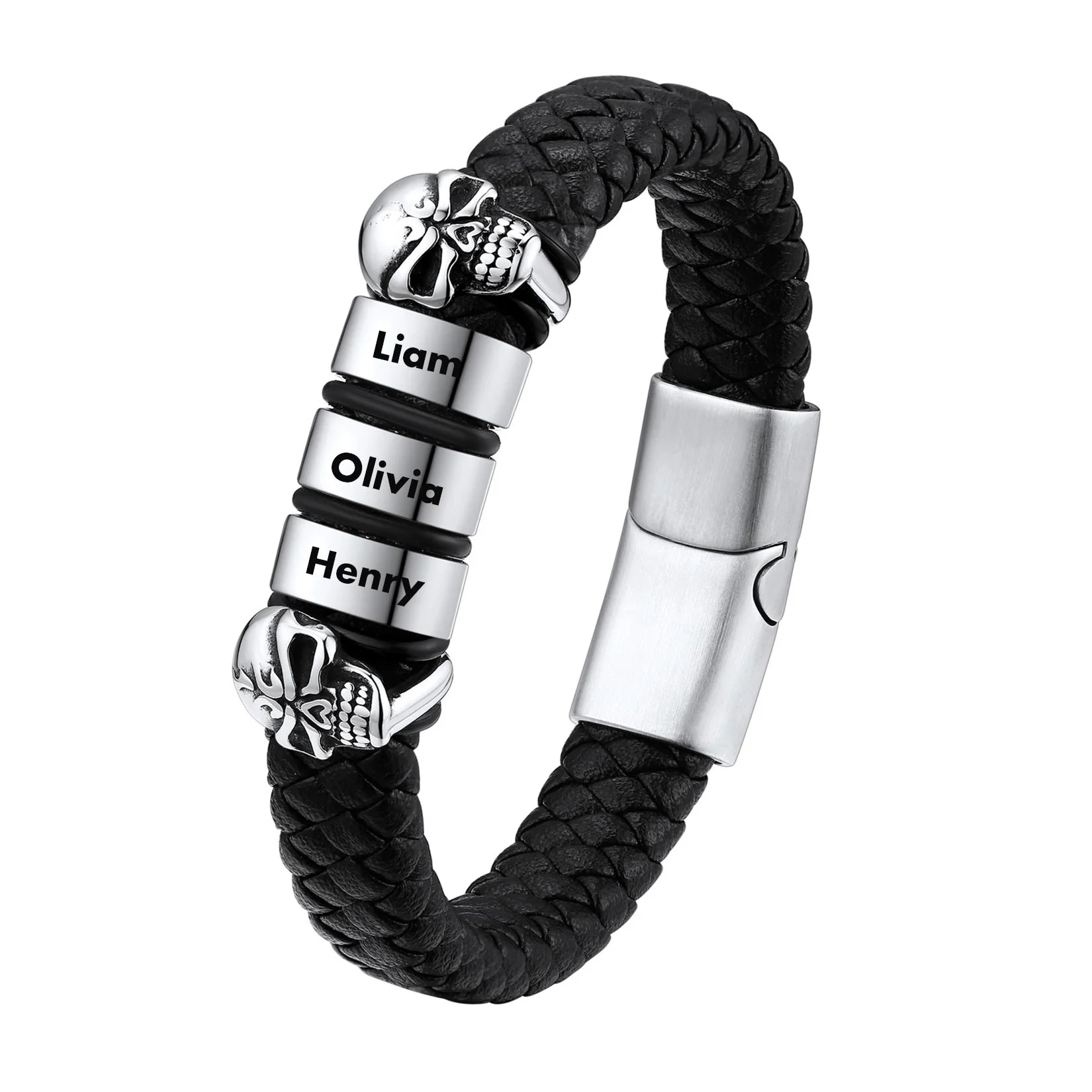 Bracelet Homme Crâne en Cuir Personnalisé avec Noms Gravés