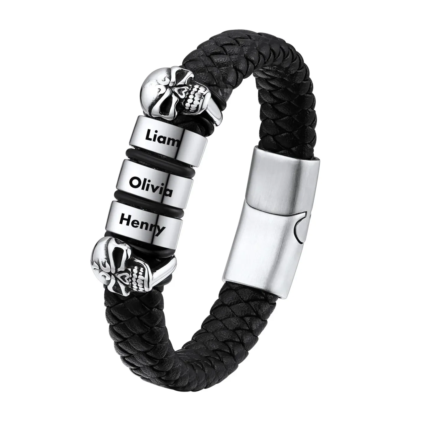 Bracelet Homme Crâne en Cuir Personnalisé avec Noms Gravés