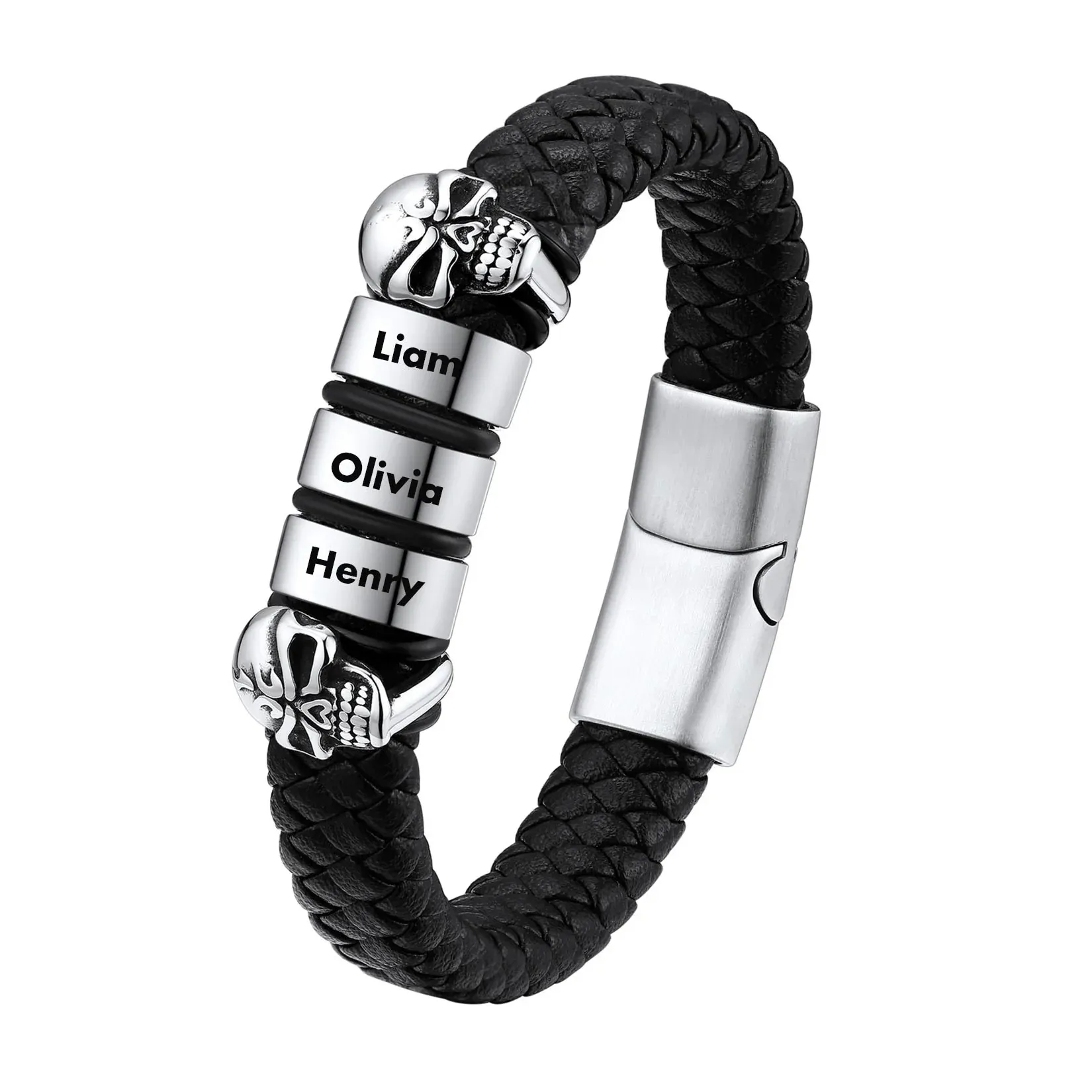 Bracelet Homme Crâne en Cuir Personnalisé avec Noms Gravés