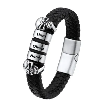 Bracelet Homme Crâne en Cuir Personnalisé avec Noms Gravés