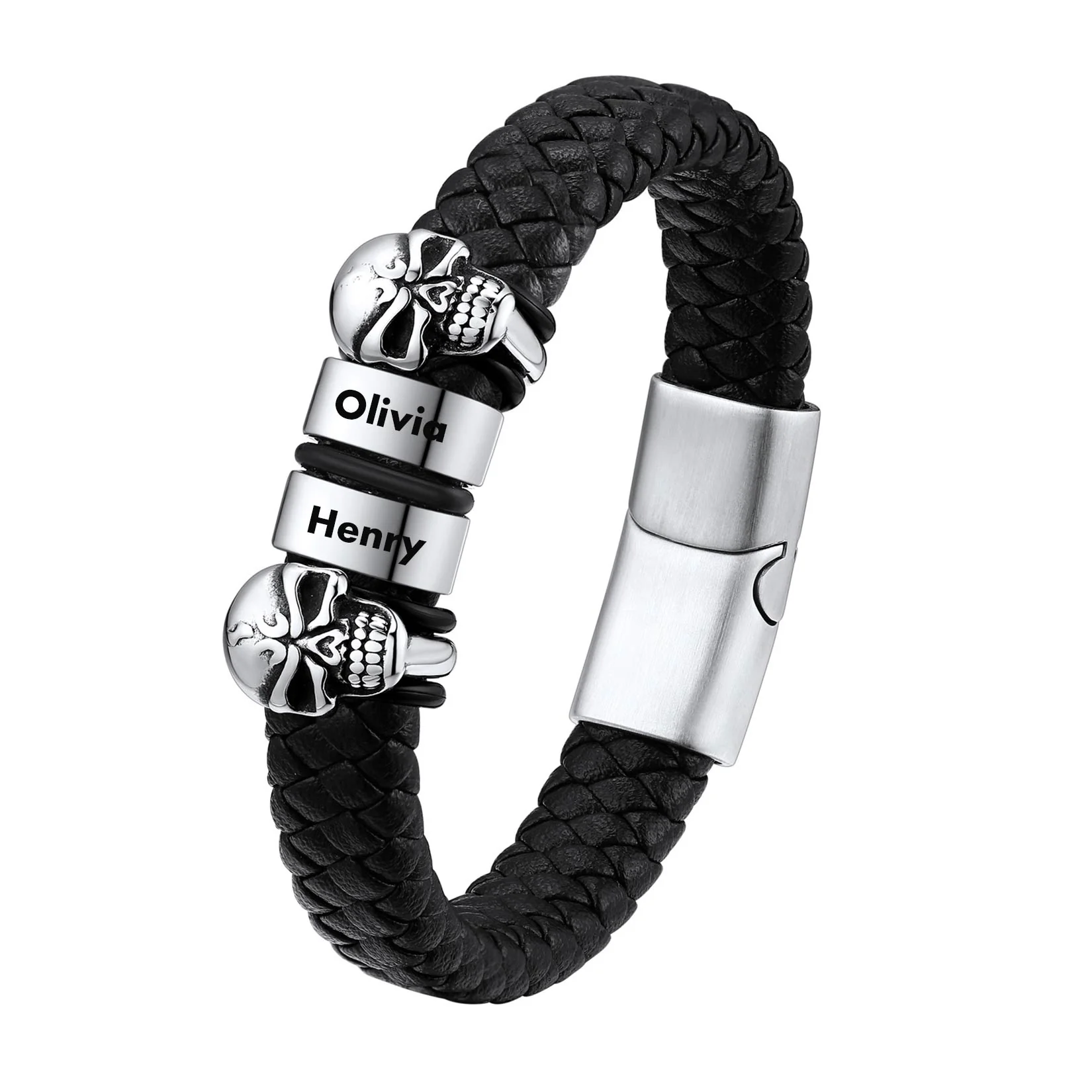 Bracelet Homme Crâne en Cuir Personnalisé avec Noms Gravés