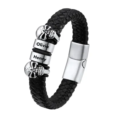 Bracelet Homme Crâne en Cuir Personnalisé avec Noms Gravés
