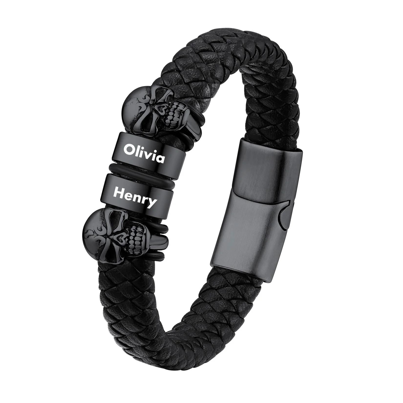 Bracelet Homme Crâne en Cuir Personnalisé avec Noms Gravés