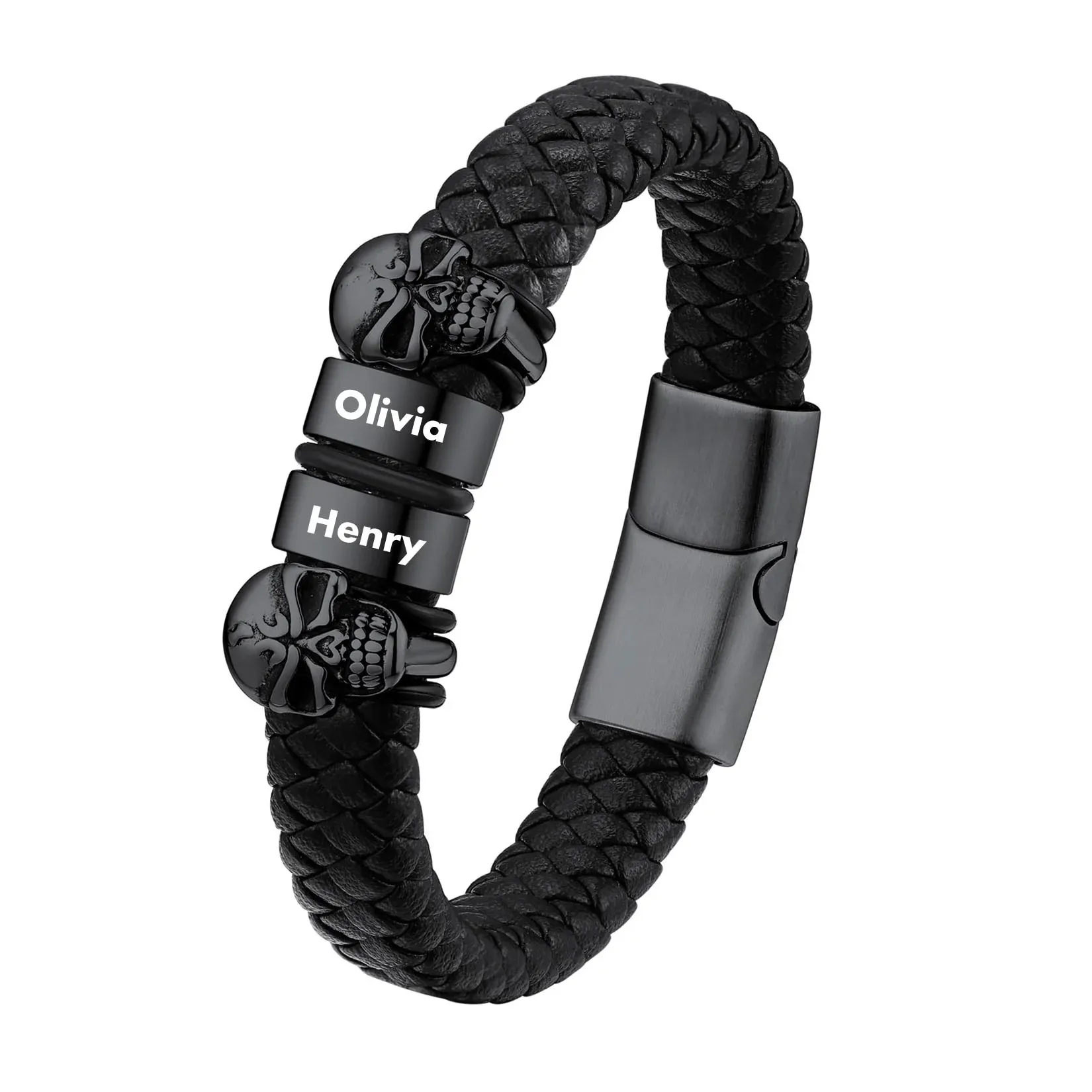 Bracelet Homme Crâne en Cuir Personnalisé avec Noms Gravés