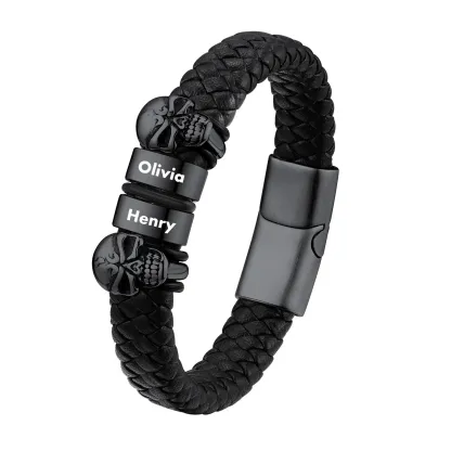Bracelet Homme Crâne en Cuir Personnalisé avec Noms Gravés