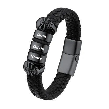 Bracelet Homme Crâne en Cuir Personnalisé avec Noms Gravés