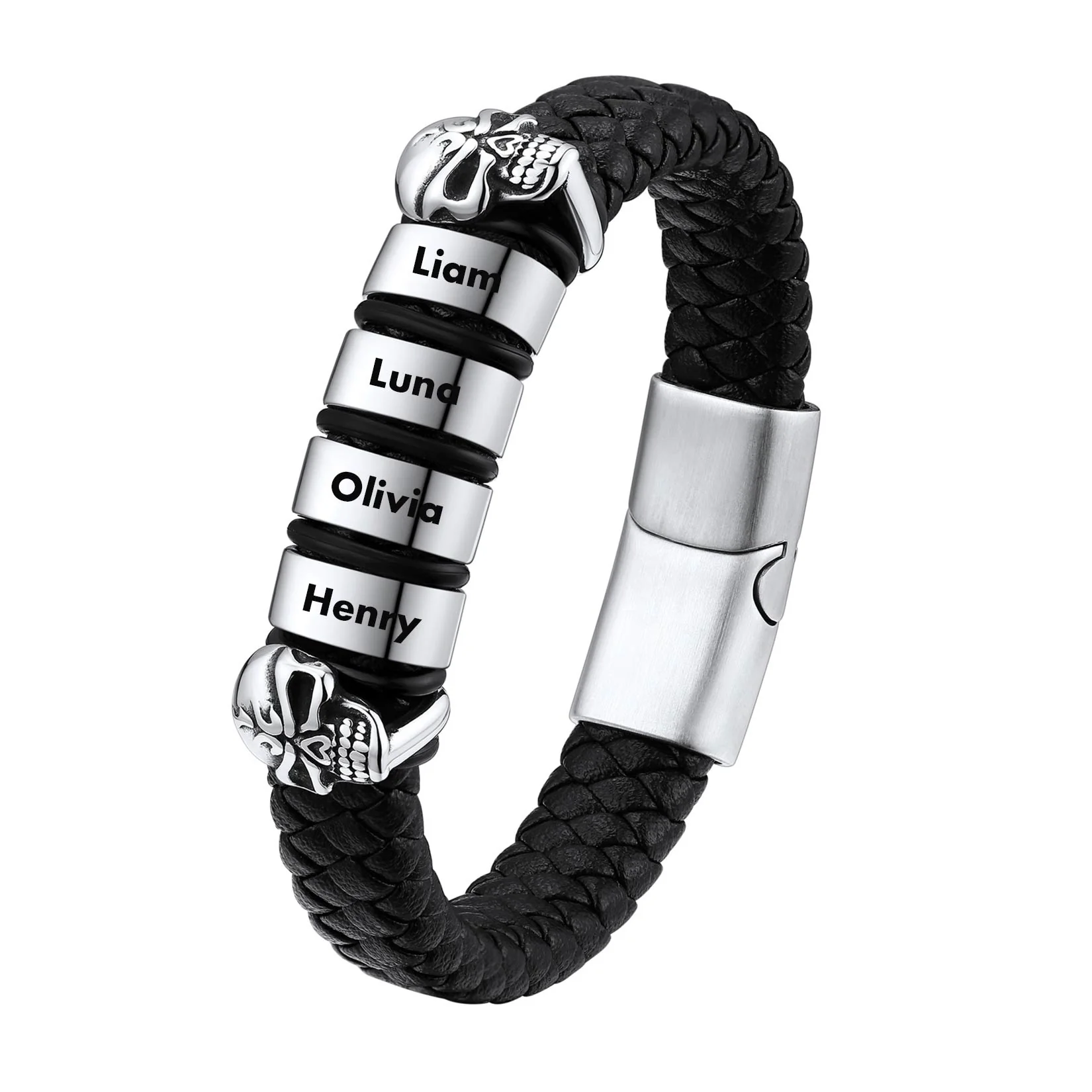 Bracelet Homme Crâne en Cuir Personnalisé avec Noms Gravés