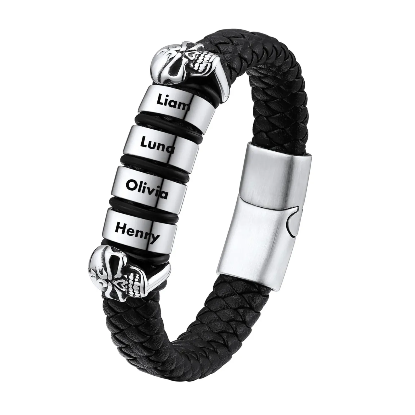 Bracelet Homme Crâne en Cuir Personnalisé avec Noms Gravés