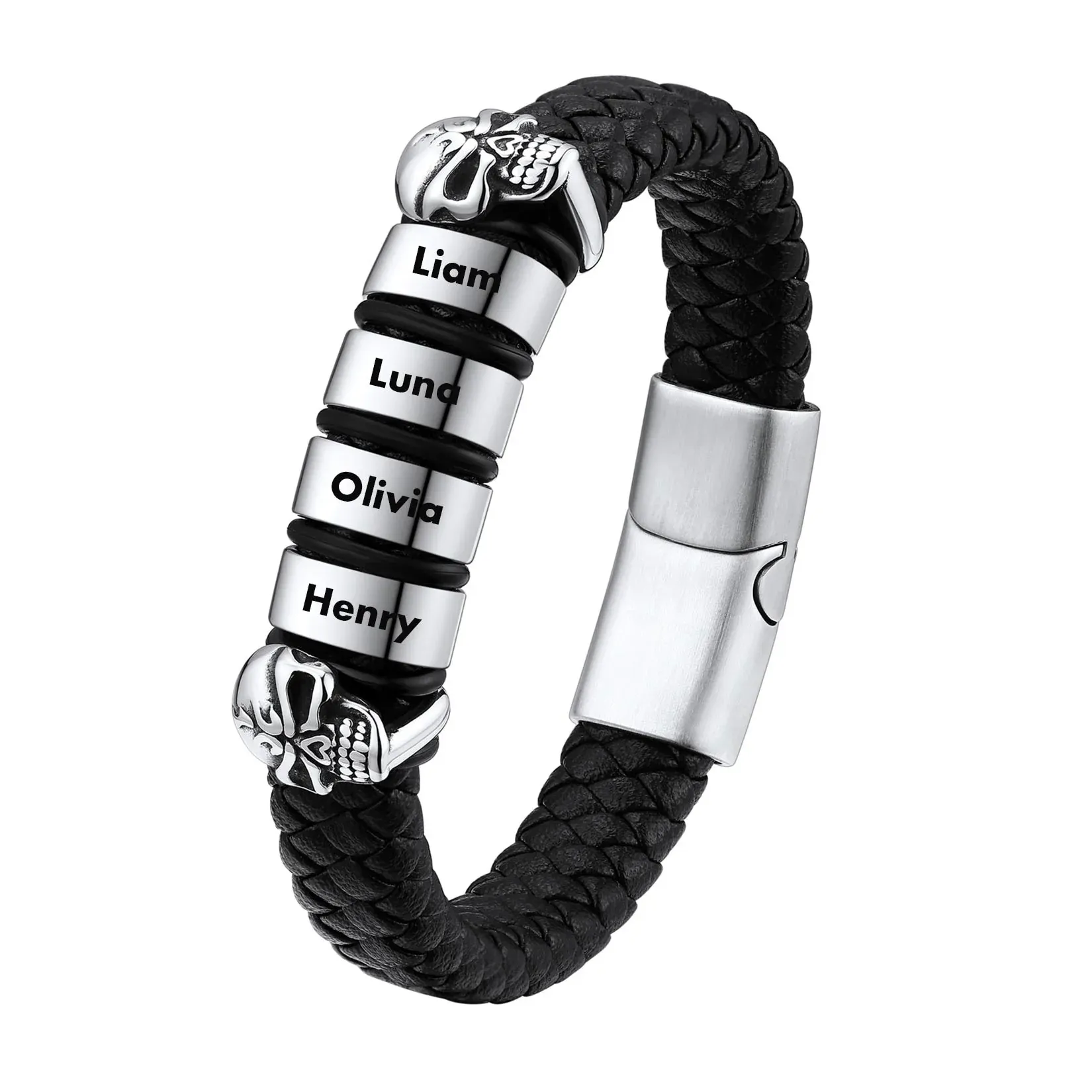 Bracelet Homme Crâne en Cuir Personnalisé avec Noms Gravés