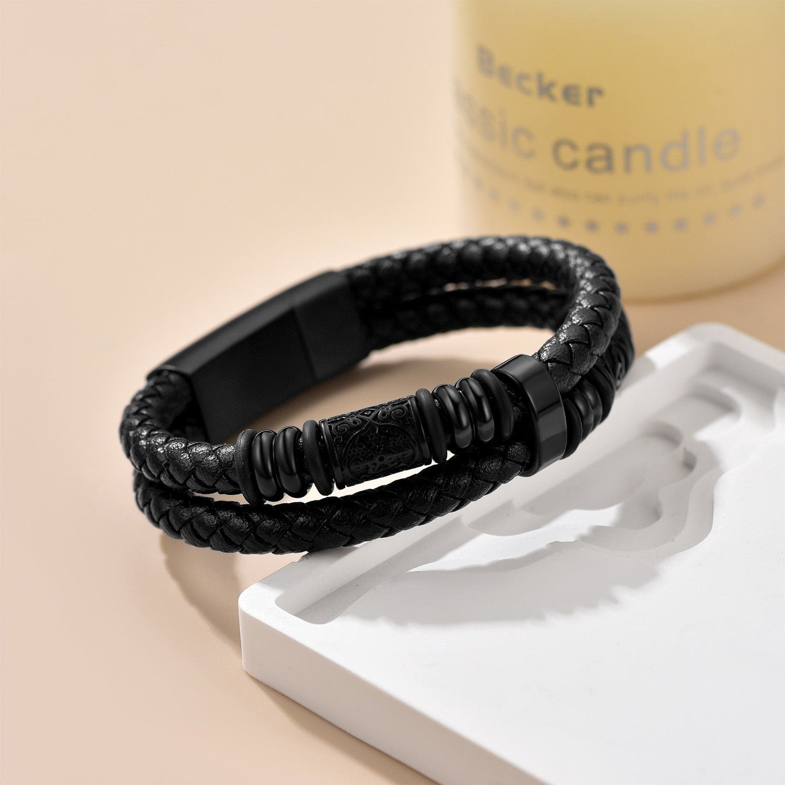 Bracelet Homme Cuir Tressé avec Gravure Nom noir