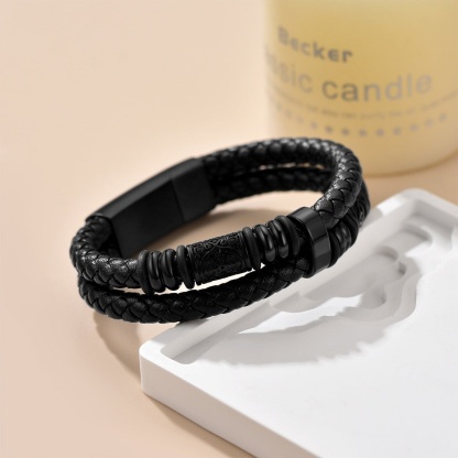 Bracelet Homme Cuir Tressé avec Gravure Nom noir