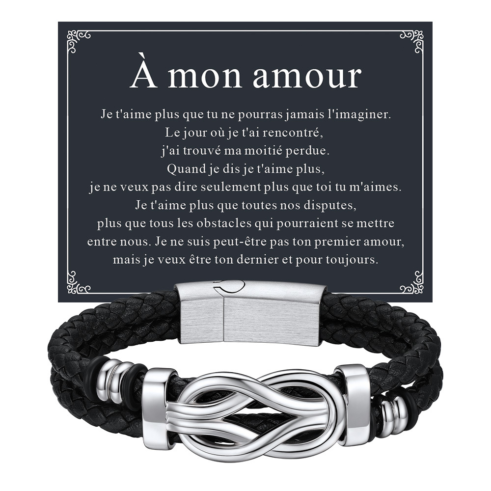 Bracelet Homme Cuir avec Noeud Infini avec carte