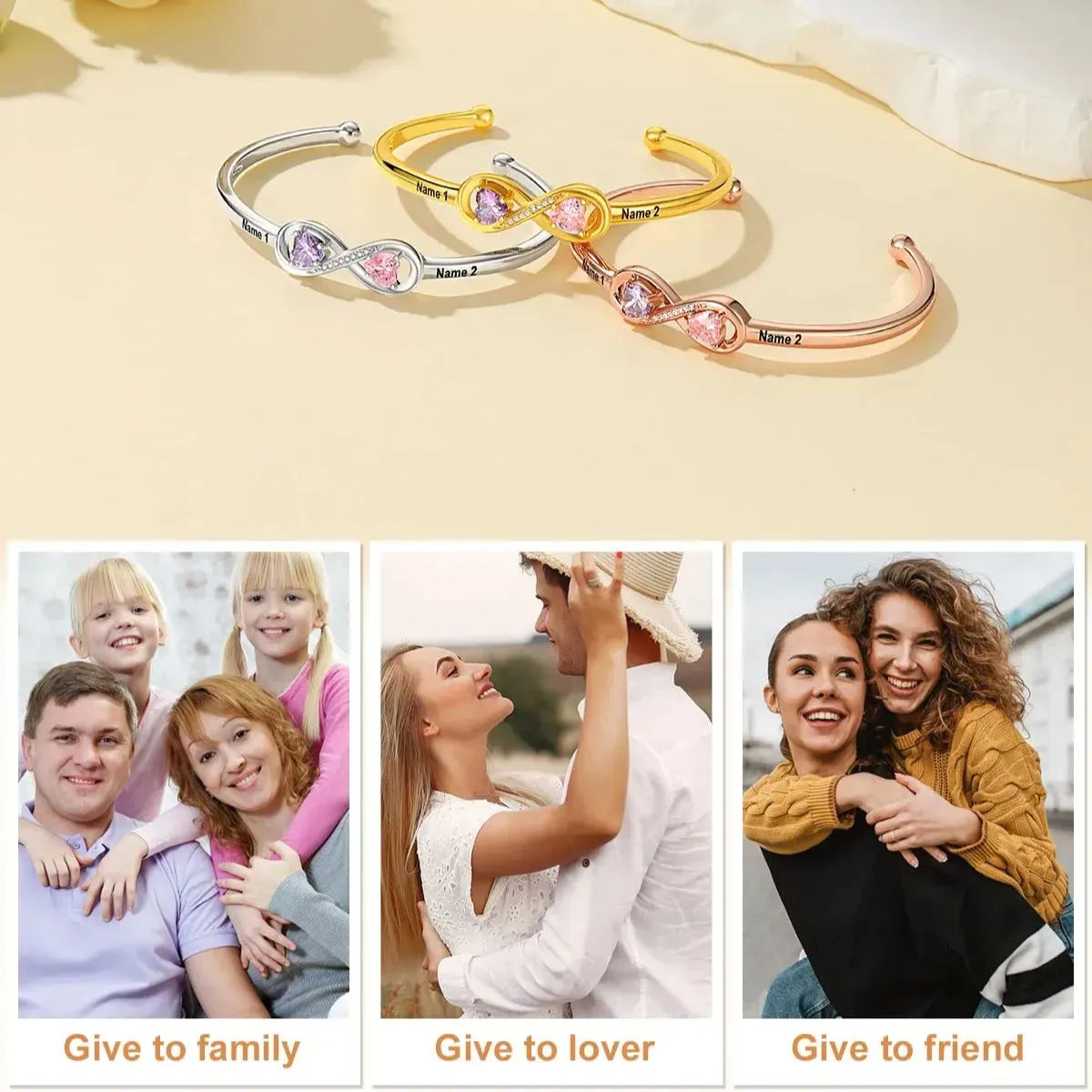 Bracelet Jonc Infini Personnalisé avec Pierres de Naissance et Noms Gravés cadeau parfait